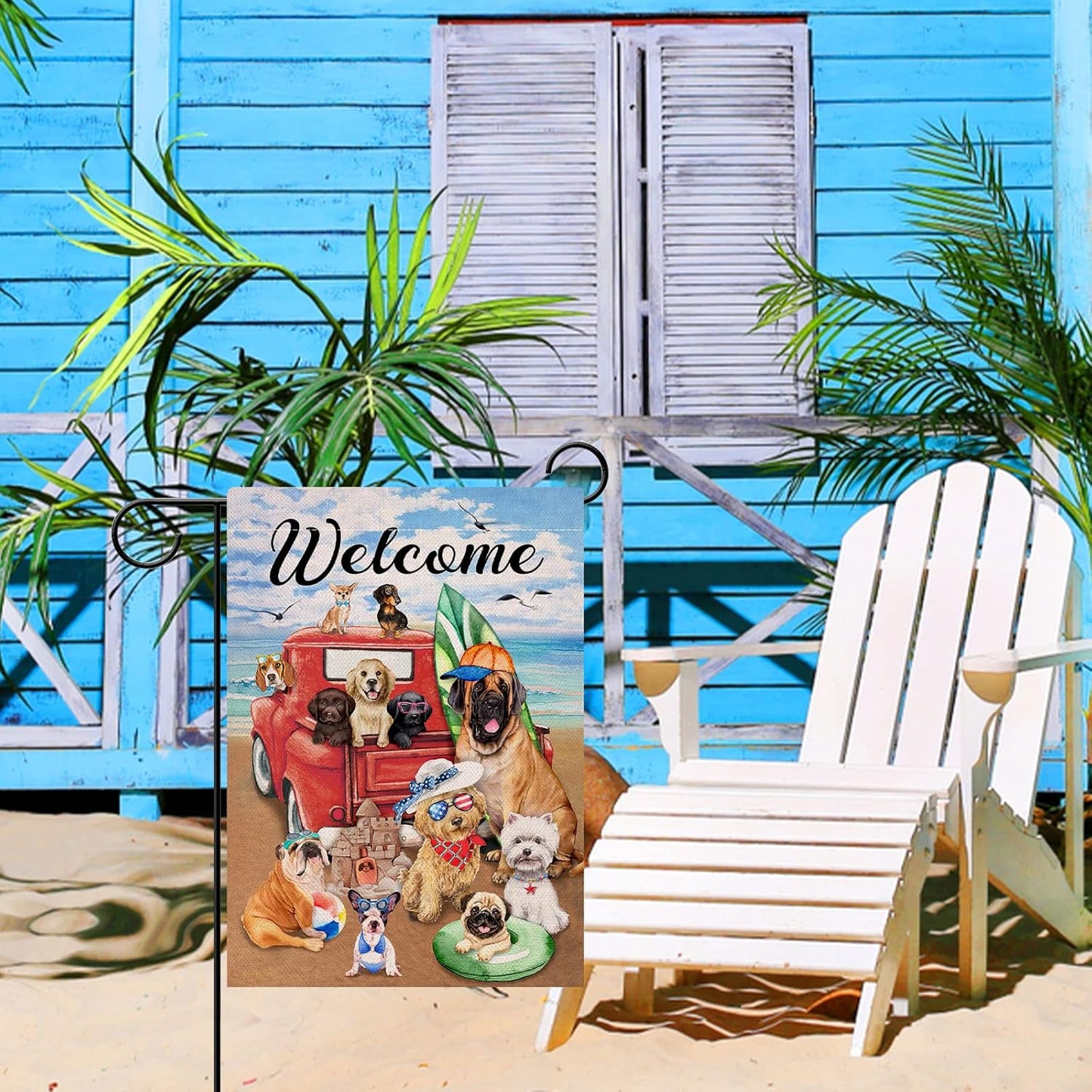Welcome Summer Dogs Red Truck Beach Garden Flag, Double Sided, Ocean Coastal Nautical Decorative Yard Decor