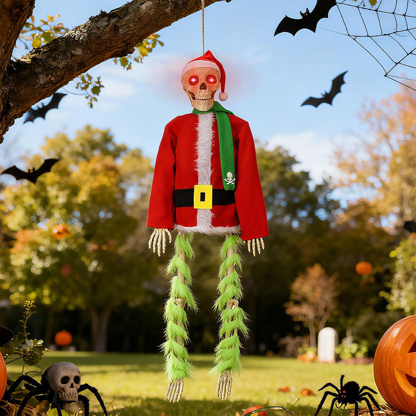 PUIWNON 4.1ft Hanging Skeleton Santa Decoration Light-Up Christmas Halloween Outdoor Decor for Garden Lawn Porch Party