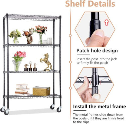 BestOffice 4-Tier Wire Storage Shelves - Heavy-Duty Metal with Wheels | Adjustable, 36x14x62 | Black | Easy No-Tool Assembly, Holds Up to 500 lbs | Perfect for Home & Garage