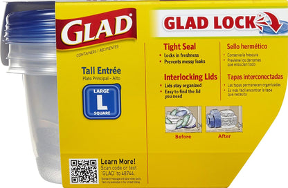 Glad GladWare Tall Entrée Food Storage Containers, Large Square Hold up to 42 Ounces, 3 Count Strong Food Holders