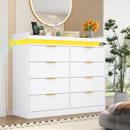 knoworld 8 Drawer Dressers for Bedroom, White Dresser with LED Lights and Power Outlet, Wood LED Dresser, Double Wide Modern Chest of Drawers for Bedroom, Entryway, Hallway