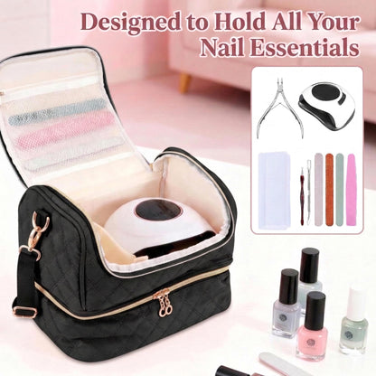 BAGCRAZY Nail Polish Organizer Case, Double Layer Nail Supplies Storage Bag holds 24 Bottles & UV/LED Lamp, Quilted Portable Manicure Travel Case with 8 Pcs Tools, for Nail Tech, Home & Salon, Black