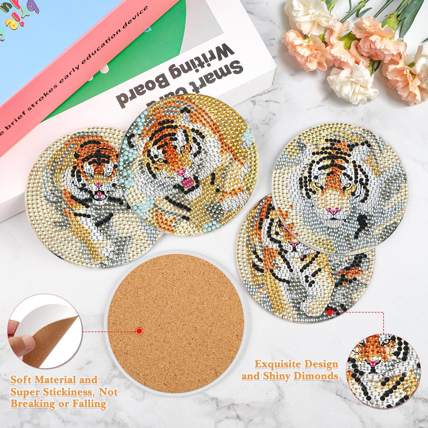 GHHKUD 6pcs Tiger Diamond Painting Coasters, DIY Life Coasters Animals Diamond Art Kits for Adults Kids, Full Drill 5D with Holder Cork Pad for Home