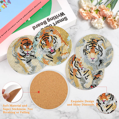 GHHKUD 6pcs Tiger Diamond Painting Coasters, DIY Life Coasters Animals Diamond Art Kits for Adults Kids, Full Drill 5D with Holder Cork Pad for Home