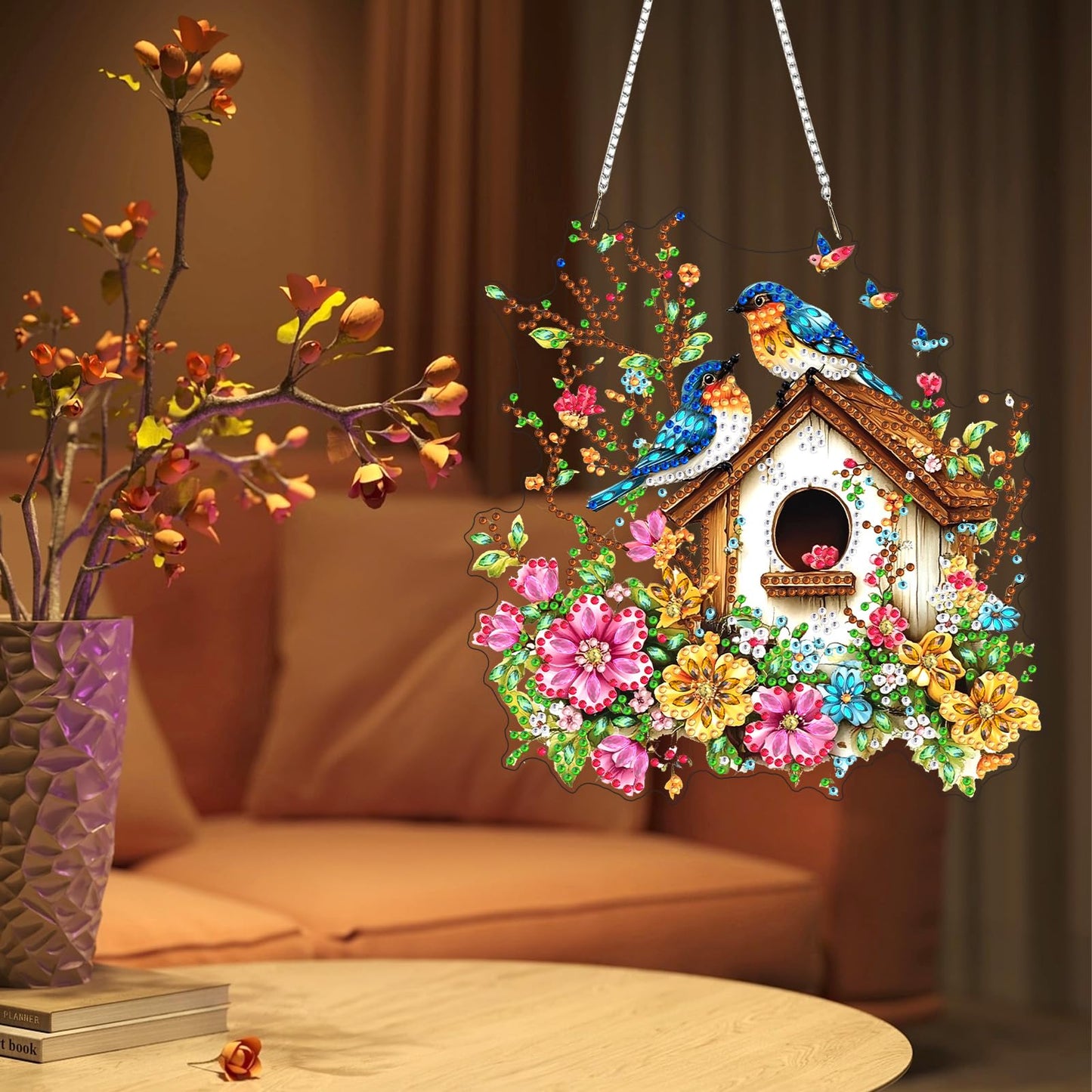 Lxmsja DIY Colorful Birdhouse Diamond Painting Hanging Ornament, Double-Sided Acrylic Flowers Branches Diamond Art Kit, Special Shaped Suncatcher Hanging Pendant Window Art Kit 8x7 inch