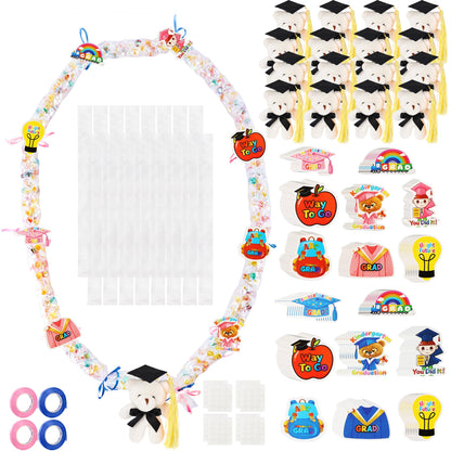 Barblog 172 Pcs Graduation Candy Lei Making Kit Including 16 Mini Bear Stuffed 16 Candy Lei Tubing 128 Paper Cut 4 Rolls Ribbons 8 Sticky Dots for Kindergarten College Grad Party Gifts