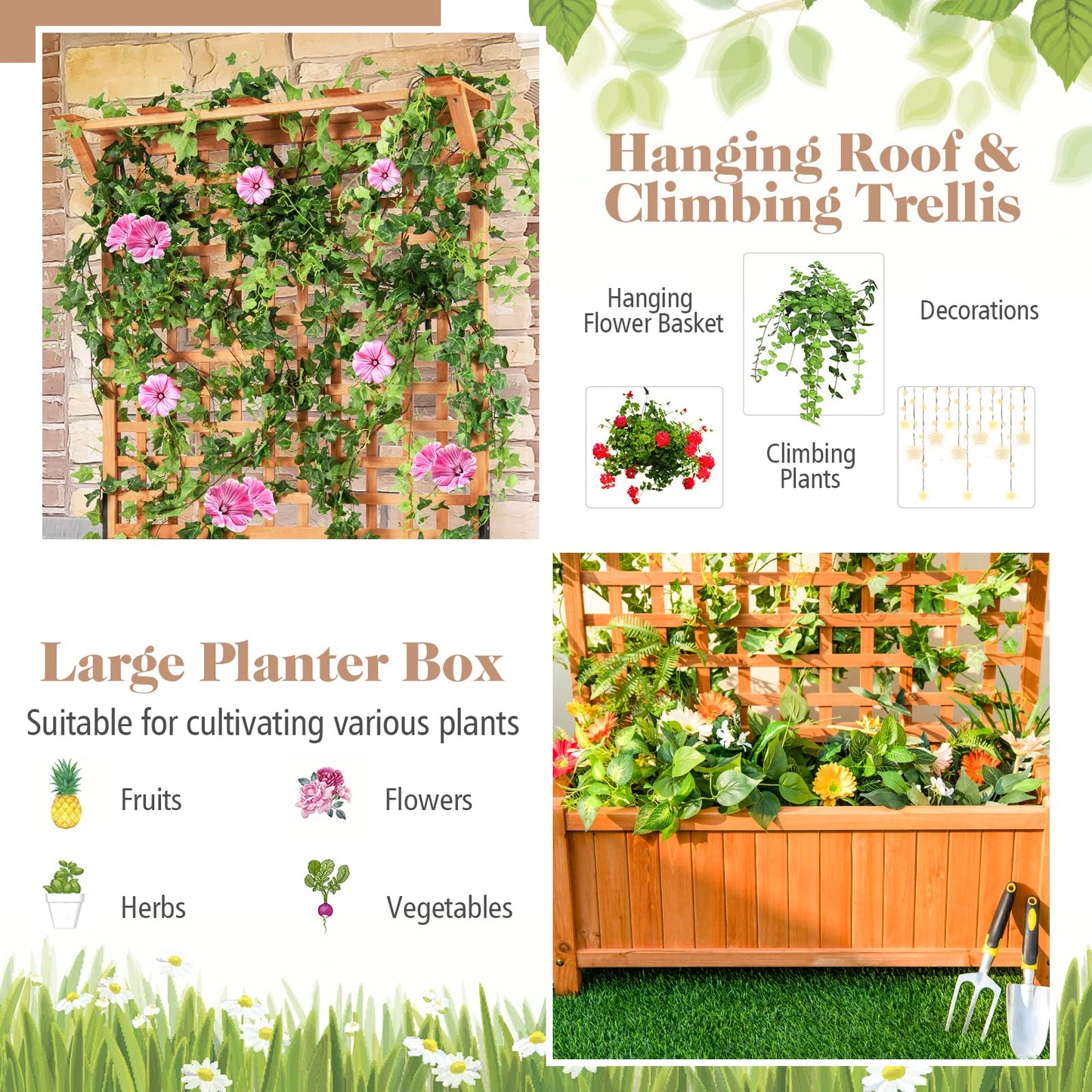 CHEFJOY Wooden Planter Box with Trellis, 72.5” Freestanding Garden Planter w/Hanging Roof, 4 Drainage Holes & Lattice Panel, Raised Garden Bed with Trellis for Vine Climbing Plants Flowers (2)