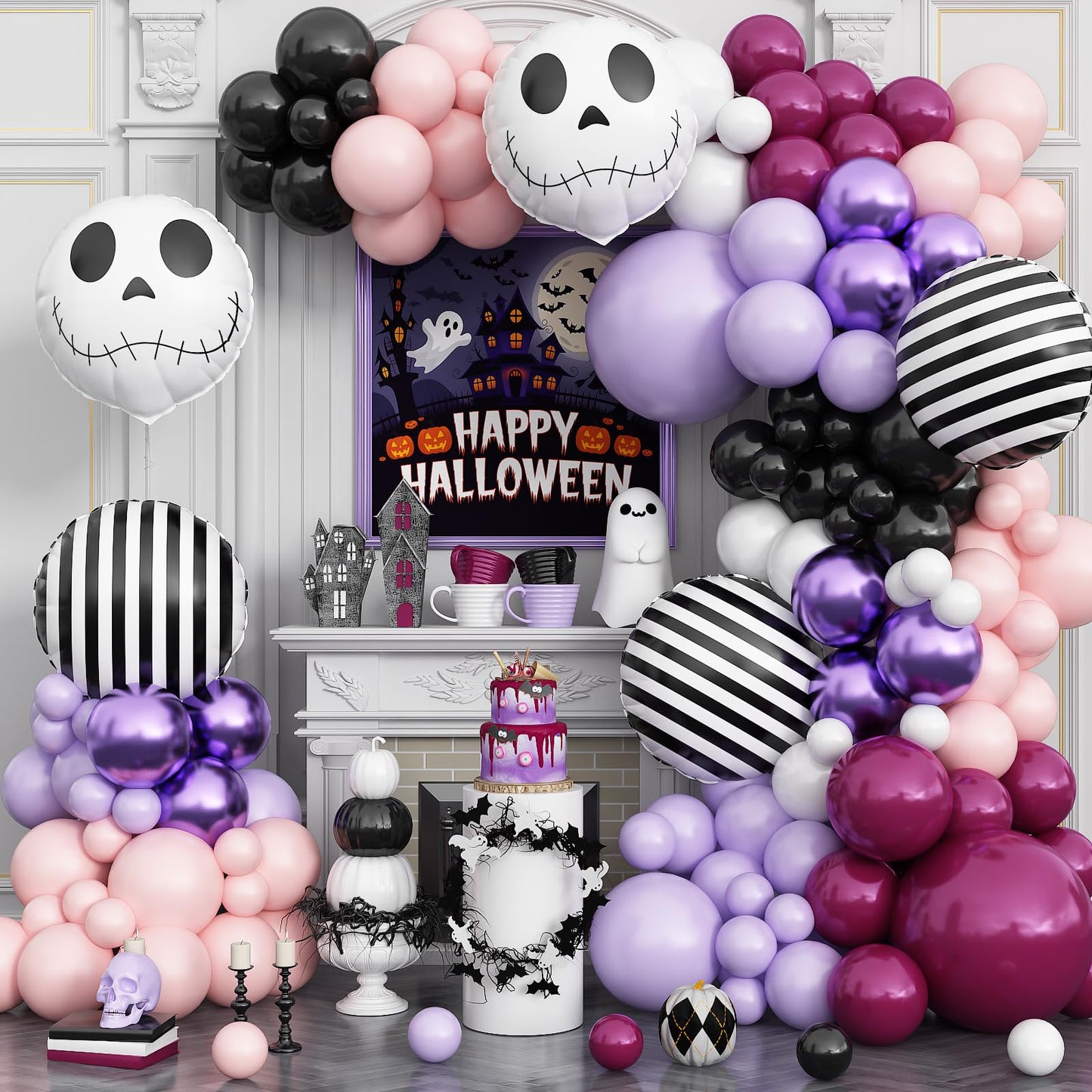 148 Pcs Halloween Balloon Arch Garland Kit, Pastel Pink Purple Black Halloween Birthday Party Decoration Stripe Skull Foil Balloons for Skeleton Haunted Yard Indoor Outdoor Spooky Party Supplies