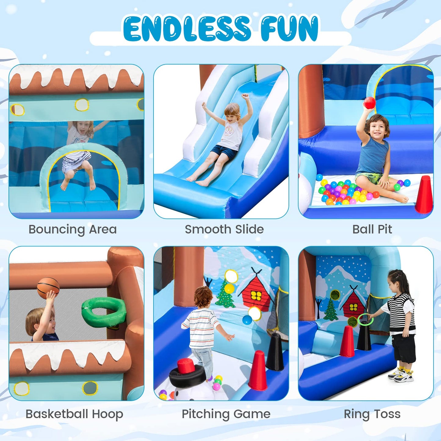 OLAKIDS Inflatable Bounce House, Christmas Snowman Theme Kids Jumping Castle with Slide Ball Pit Basketball Rim, Indoor Outdoor Inflatable Obstacle Course with 680W Blower Carry Bag