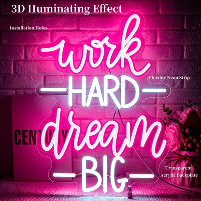 Ebdobgbs Work Hard Dream Big Neon Sign Led Neon Lights Neon Signs for Wall Decor Light Up Sign for Birthday Party Club Gift