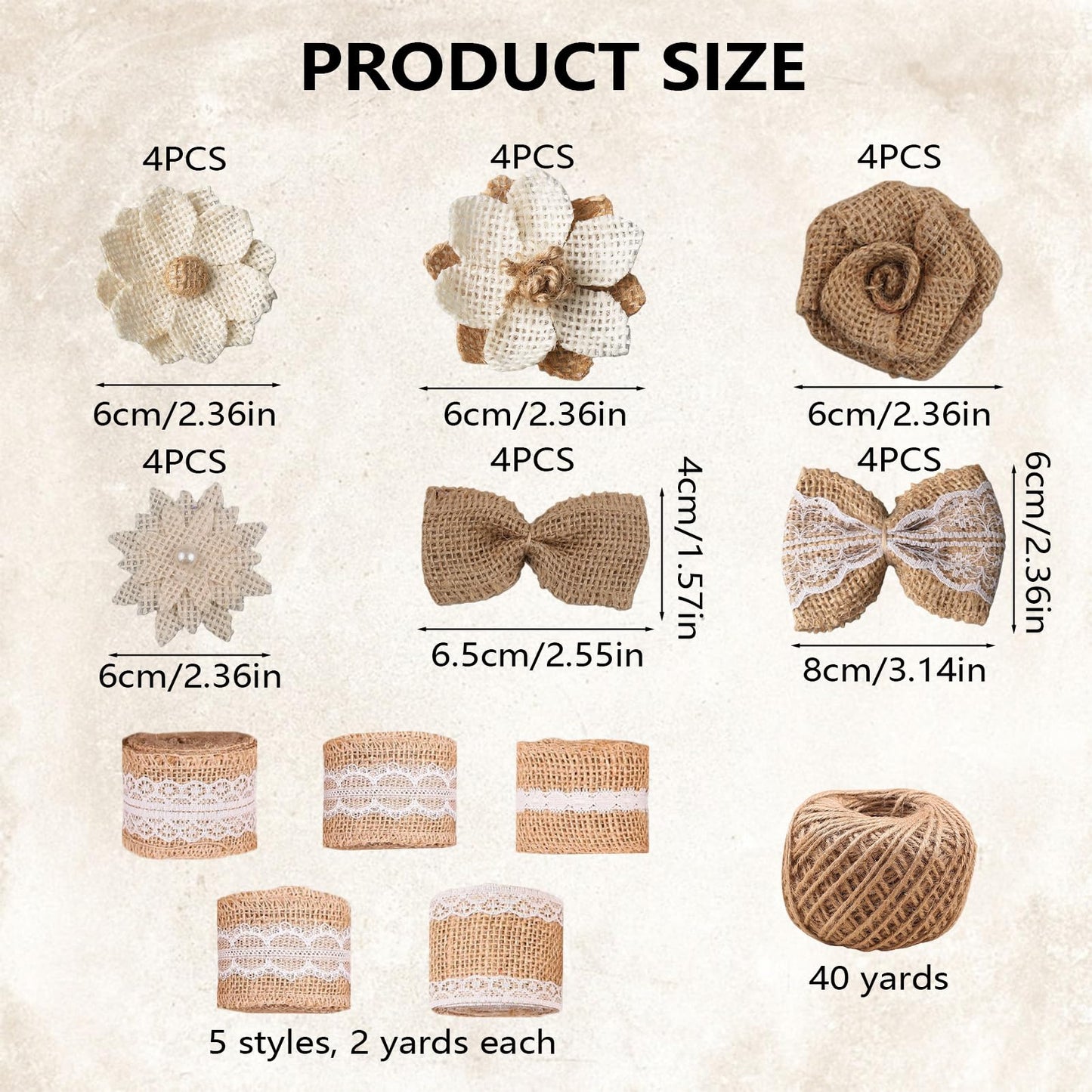 letsinstyle 30 Pcs Burlap Flowers Set, Include 6 Rolls Natural Jute Ribbons, 24pcs Flowers and Bowknots, 1 Burlap Twine String Rope for Crafts Big Bow Tree Ornaments Wreaths