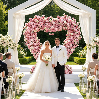 6.56x6.56ft Heart-Shaped Artificial Flower Arch Backdrop with Fabric Base, Floral Decor for Wedding Arch, Ideal for Birthday Banquets & Outdoor Party Scene Decoration (Pink, Arch Frame Not Included)