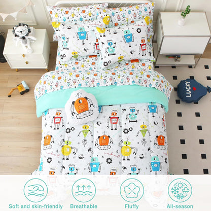 Sets 6 Set Set Mooreeke Twin Size Comforter for Boys Kids, Pieces Bed in a Bag White Robot Bedding Comforter Sheet