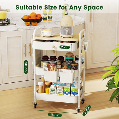 danpinera Rolling Utility Cart with Drawer, 3 Tier Rolling Cart with Wheels, Hooks & Hanging Cups, Craft Cart Art Cart Snack Cart Rolling Storage Cart with Wooden Table Top & DIY Pegboards, White