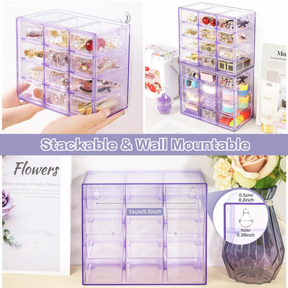 FODIENS Desk Storage Organizer with 12 Mini Drawers, Clear Desktop Craft Drawer Cabinet, Stackable Storage Box Caddy for Makeup Jewelry Office Craft Supplies (Purple)