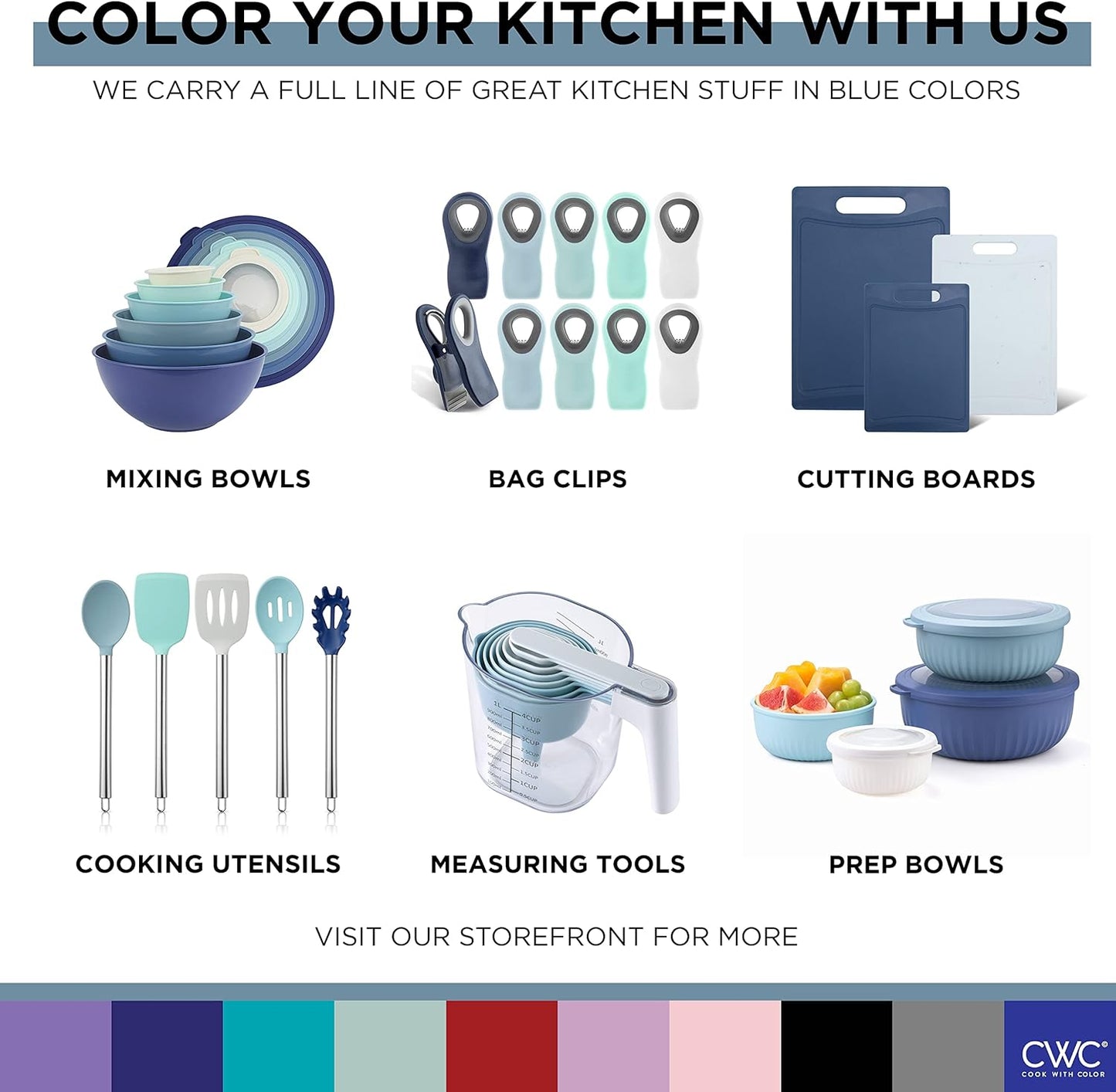 COOK WITH COLOR Silicone Cooking Utensils - 5 Pc Kitchen Utensil Set for Nonstick Cookware (Blue and White)