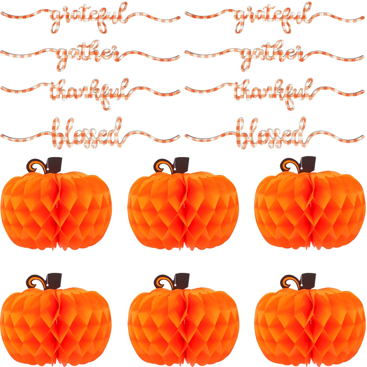 KatchOn, Pumpkin Table Centerpieces And Thanksgiving Wooden Cutout Sign Set – Pack of 14 | Honeycomb Paper Pumpkins And Thankful Blessed Grateful Word Signs For Thanksgiving Table And Fall Decorations
