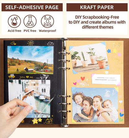 ALKALO Scrapbook Photo Album 100 Pages, 60 Page Self Adhesive+40 Page Kraft Paper DIY Photo Book for 2x3 3x5 4x6 5x7 Pictures, Leather Memory Book for Wedding Baby Family Travel Birthday Christmas