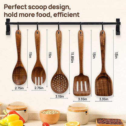 Kitchen Wooden Spoons Utensils Set, 5 Piece Acacia Wood Cooking Utensils for Nonstick Cookware Essentials