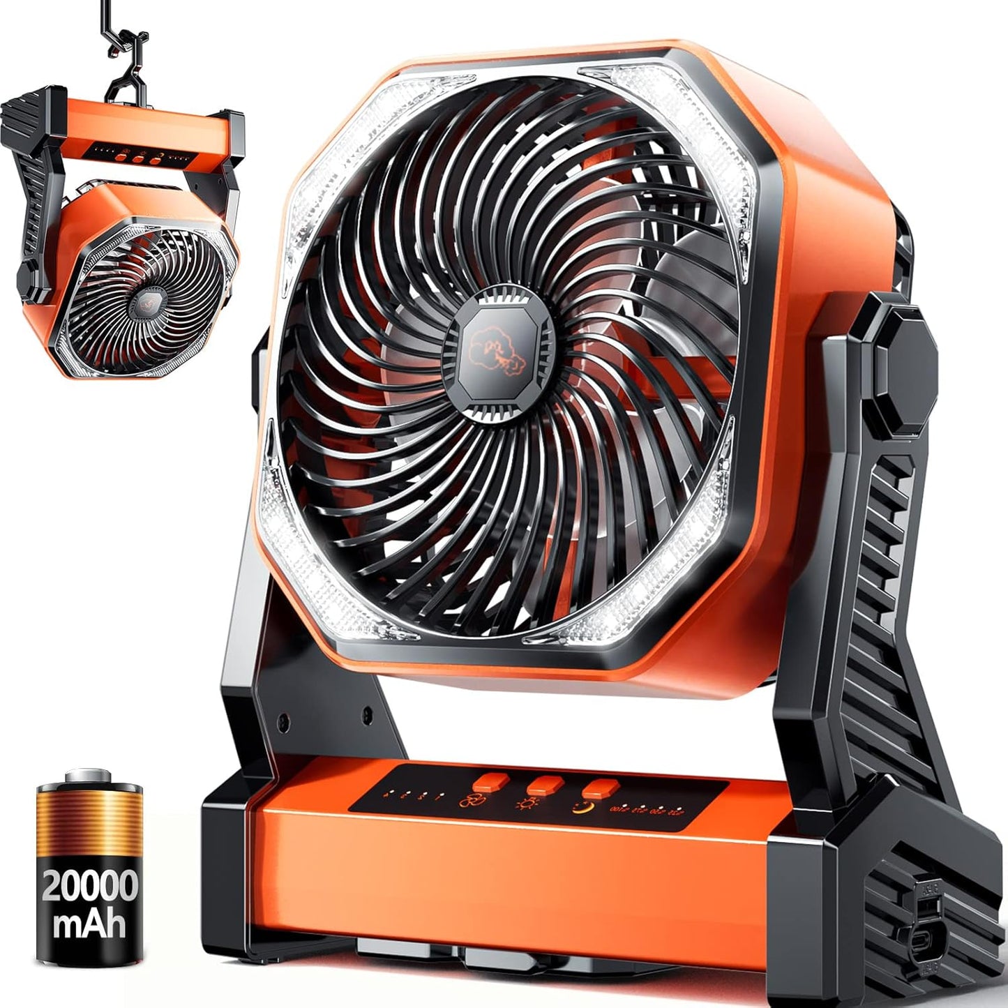 Camping LED Fan with Light, 20000mAh Rechargeable Battery Powered Outdoor Tent Fan, 4 Speed