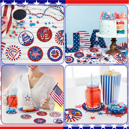 Shellwei 8 Pcs 4th of July Patriotic Diamond Painting Coasters Memorial Day USA Star Diamond Art Coasters with Holder 250th Anniversary Painting Kits Independence Day Decors for Adults DIY Craft Gift