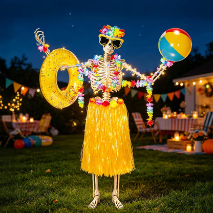 12 ft Summer Skeleton Outfits Accessories, 10 Pcs Hawaiian Hula Giant Skull Grass Skirt Costume Clothing Kit with Sunglasses Swim Rings & Beach Balls for Outdoor Yard Lawn Summerween Luau Decorations