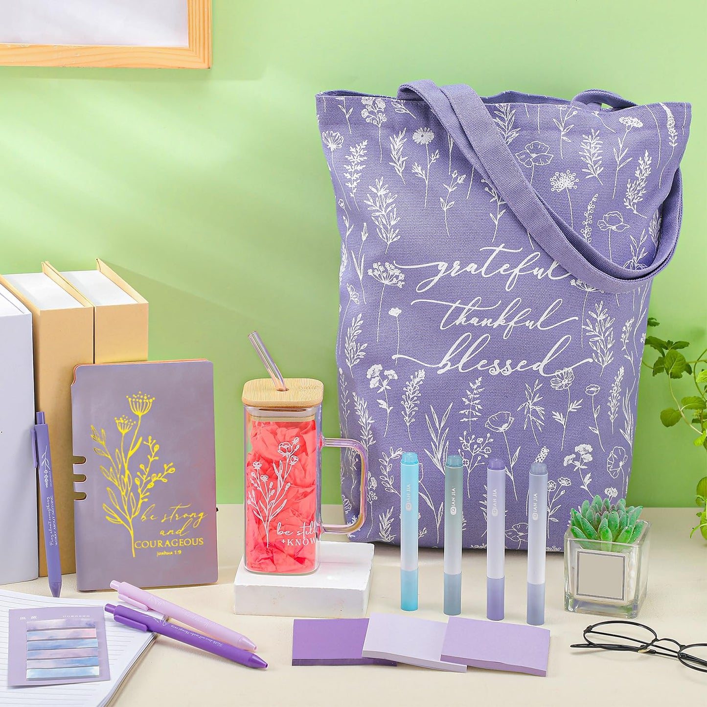 Reallnaive 14 Pcs Christian Gifts for Women Church Bible Journaling Study Kit 16oz Glass Cup Canvas Bag A6 Leather Notebook Highlighter Pen Sticky Note Sticker Fathers Day Sunday Shool Gift(Purple)