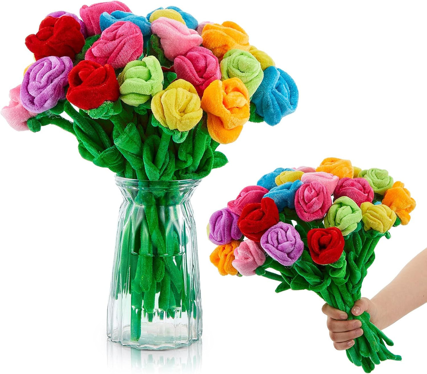 24 12.5 Inch Deekin Pcs Plush Rose Flowers Colorful Stuffed Flower Plush Bouquet Bendable Stems Plant Soft Roses