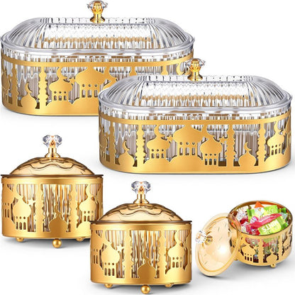 Otoolling 4 Pcs Ramadan Trays with Lid Gold Eid Mubarak Tray Plates Ramadan Moon Candy Dish Table Decorations Food Serving Tray Islam Muslim Al-fitr Cookie Storage Container for Eid Party Supplies