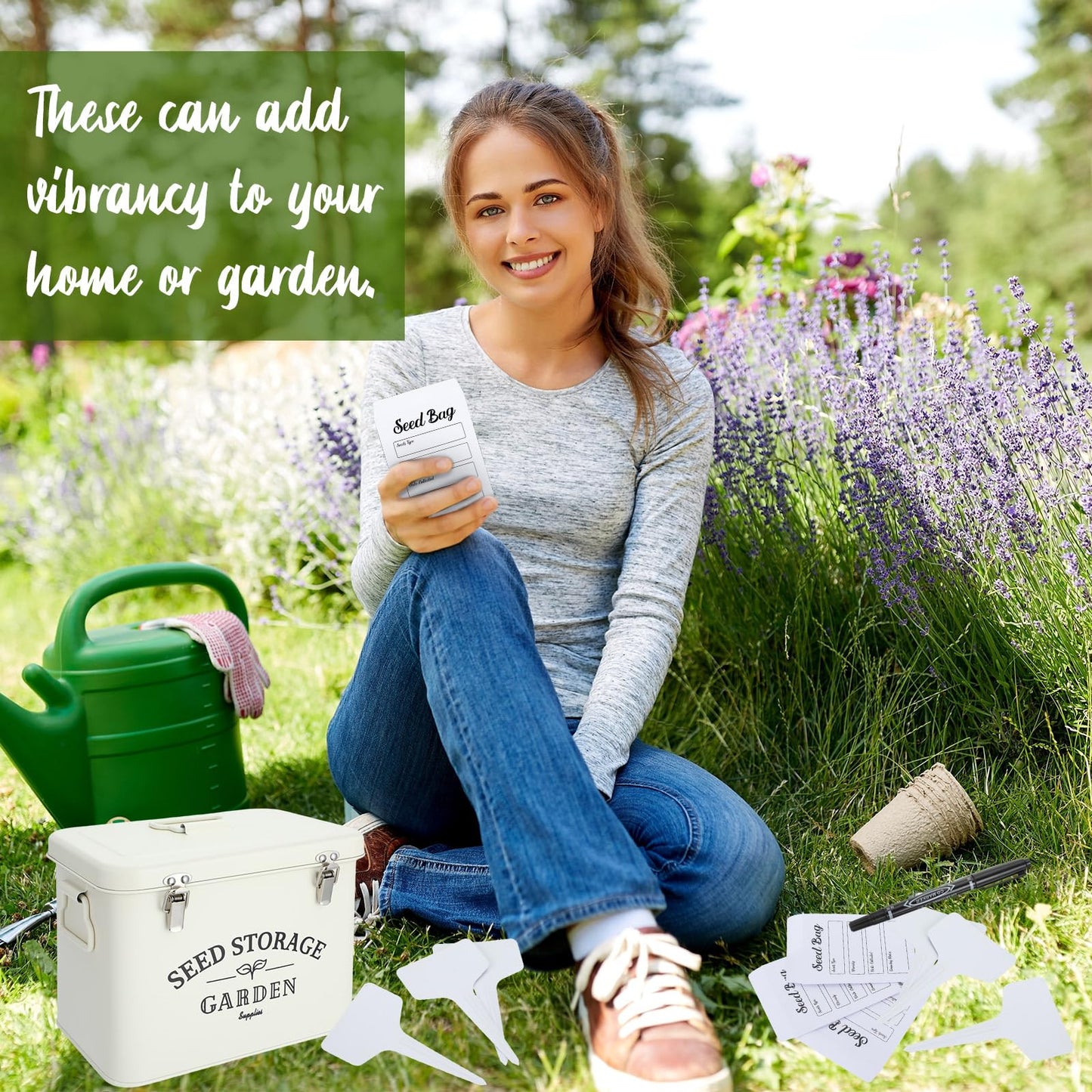 Maitys Seed Storage Container Box with Lid Garden Seed Packet Storage Organizer Decorative with Dividers and 100 Plant Labels 50 Seeding Envelopes 2 Marker Pens(Stylish,8.5 x 5.5 x 6.7)