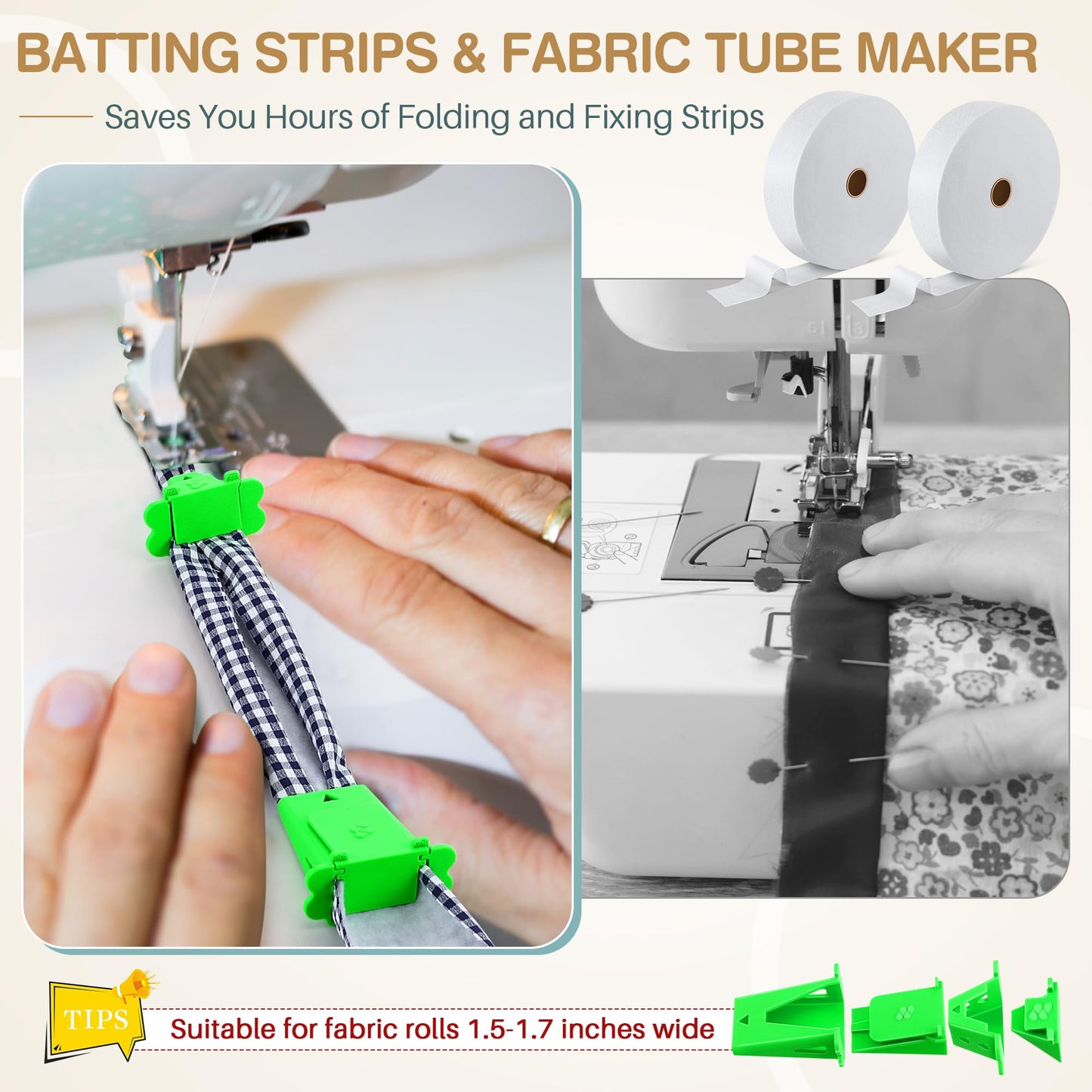 Ceoighe Fabric Roll Batting Strips with Tube Maker, 2 Rolls 100 Yards Total, 2 1/4 Inch Cotton Blend Quilt Batting for Quilting, Rugs, Braided Mats, DIY Sewing Projects