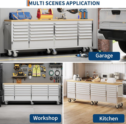 96" Rolling Tool Chest, 24 Drawers, Solid Rubber Wood Workbench Top, Locking Wheels and Key Lock, Mobile Garage Storage Cabinet, Heavy Duty Mobile Organizer for Workshop, Silver