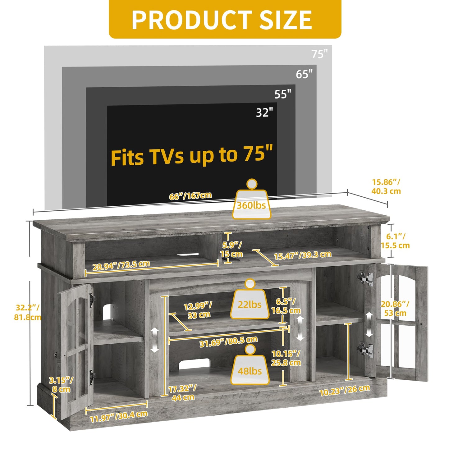 DWVO Farmhouse Television Stand for 75 Inch TV w/Outlets, LED Modern Entertainment Center with Glass Doors and Adjustable Storage Shelves, Media Console TV Cabinet for Living Room, Grey