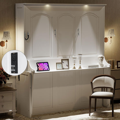 Ball & Cast Queen Size Murphy Bed with Desk,Hideaway Beds w/LED Lights and USB Charging Station,Wood Wall Cabinets Bedframe,Slat Support,Dual Piston Metal Folding Mechanism Designed,White