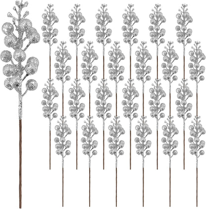 24 Pack 9 Inches 15 (24, 9 Inch) Glitter Artificial Berry Stems, Berries per Stem, Christmas Tree Picks Ornaments, DIY