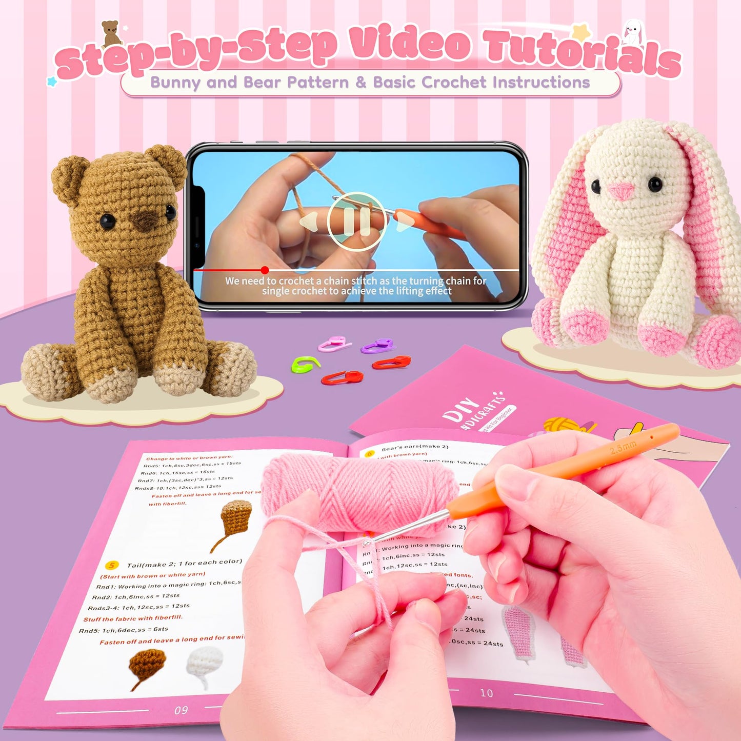 Crochet Kit for Beginners, Bunny and Bear Crochet Kit with Step-by-Step Video Tutorials, Bunny Crocheting Kit for Starter, Beginner Crochet Kit for Adult, Stuffed Animal Knitting Kit for Birthday