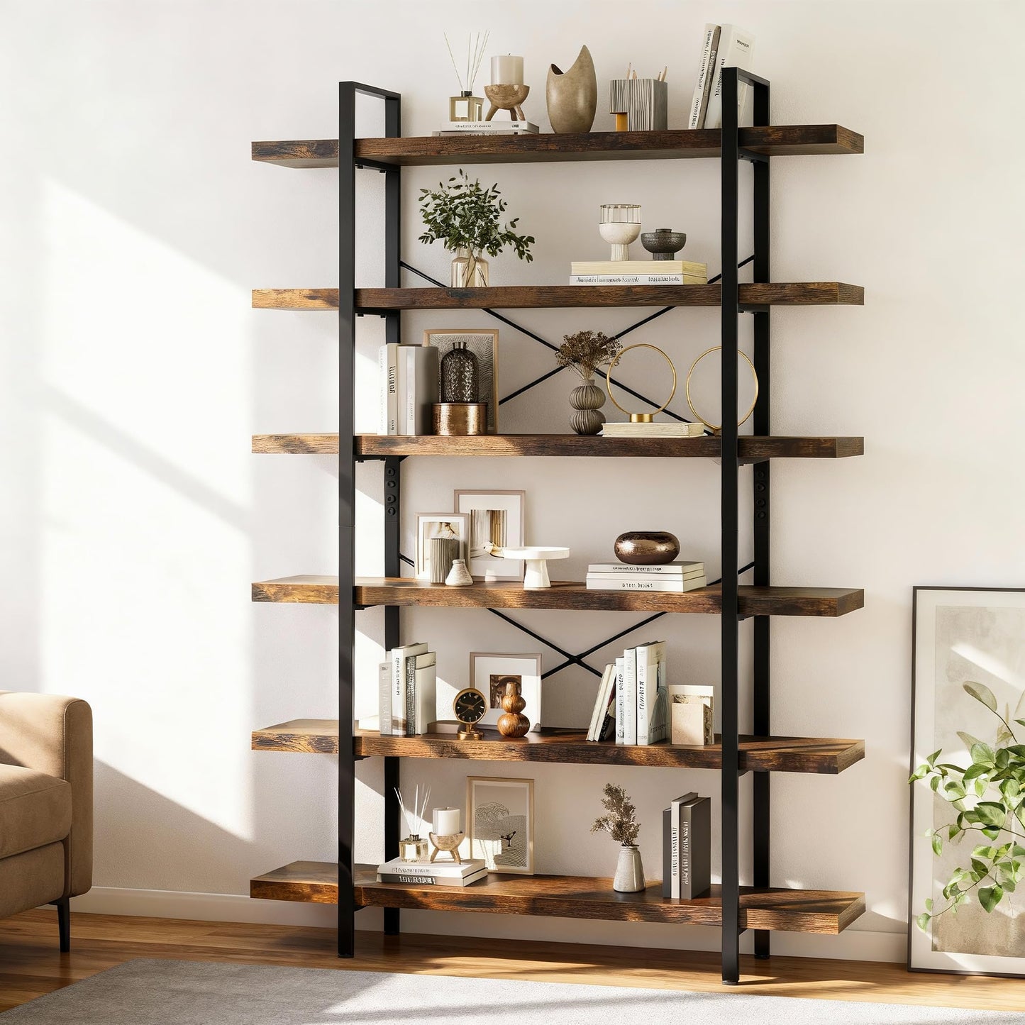 EPLICEMR 6 Tier Bookshelf 2 PCS, 80" H Heavy Duty Bookshelf,120lbs Shelf Capacity, 47" W Wood Industrial Bookshelf, Rustic Open Reinforced Horizontal Shelves for Living Room,Bedroom, Office