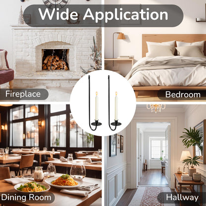 MrMrKura Wall Candle Sconces Set of 2, Metal Wall-Mounted Candle Holder for Taper Candles, Modern Wall Decoration for Farmhouse Fireplace Living Room (Black)