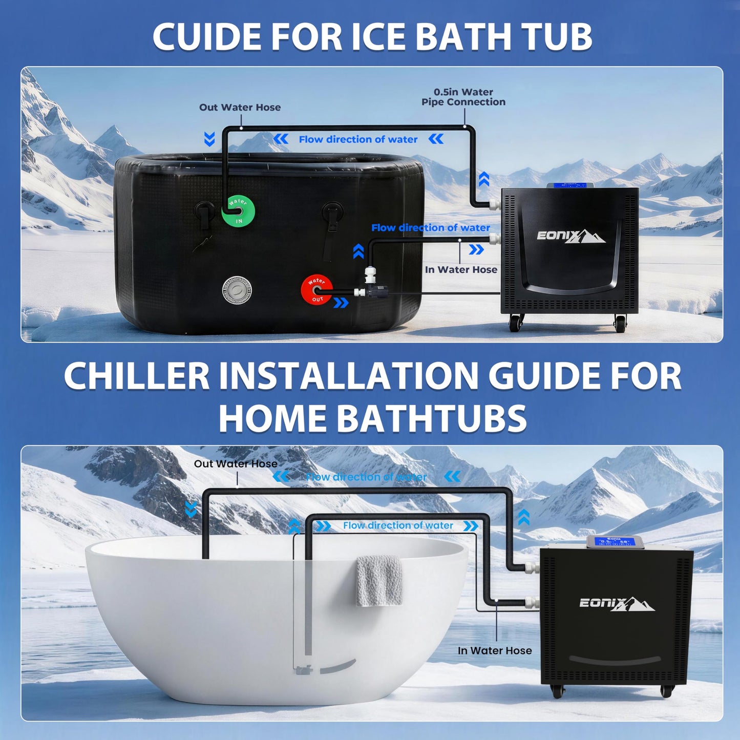 EONIX 1/2 HP Cold Plunge Chiller for Ice Bath – Upgraded Faster Cooling to 42°F, Built-in Filter & Pump, Insulated Hoses, Energy Saving & Low Noise – for Home Athlete Recovery & Cold Water Therapy