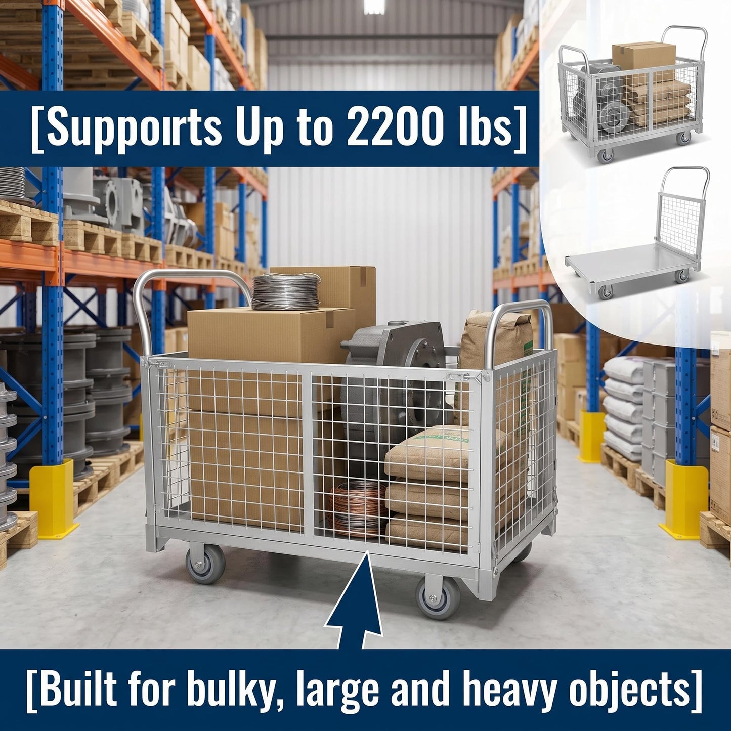 2200 LBS 4-in-1 Cart, Platform Truck Cart with maidian, 360° Direction Wheel Platform cart, Rust Resistant Steel Cage, for Grocery Store, Garage & Warehouse use