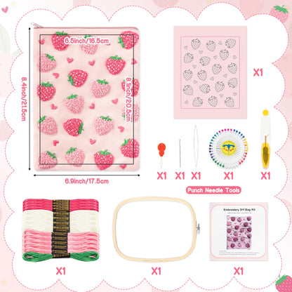 Fiupan All-in-One Strawberry Embroidery Kit - DIY Craft Kit with Thread, Fabric & Needles, Pink Embroidery Pouch for Tablet E-Reader Sleeve, Creative Birthday Gifts for Beginners（6-6.8 Inch）