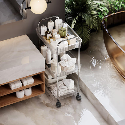 STARLATTA 3 Tier Rolling Cart with Lockable Wheels, Clear Acrylic Utility Trolley with Handle, Heavy-Duty Storage Organizer for Kitchen Bathroom Nursery Laundry - Snack Book Craft Organizer (Clear)