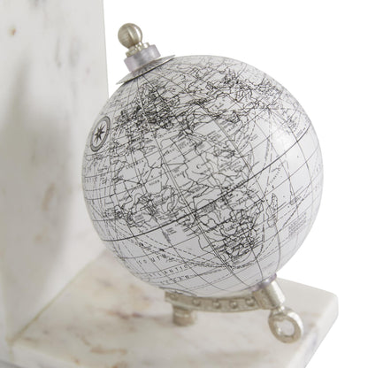 Deco 79 Marble Globe Decorative Bookends Non Skid Bookends with Silver Metal Accents, Set of 2 Office Bookends5"W, 7"H, White