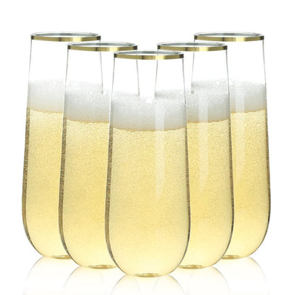 Bestluck 48 Pack 9 oz Stemless Plastic Champagne Flutes, Clear Disposable Champagne Glasses Gold Rim, Shatterproof and BPA-Free Drinkware for Party & Graduation & Wedding