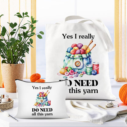 Canvas Crochet Tote Bag for Women - 2 Pcs Aesthetic Cosmetic Pouch Tote Bags, Yarn Pattern Fun Quote Design Reusable Grocery Bags, Gifts for Crochet Lovers Mom Friends