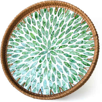 Round Rattan Tray with Mother of Pearl Inlay, Wicker Serving Tray Mother for Decor, Rattan Round Wicker Coffee Table