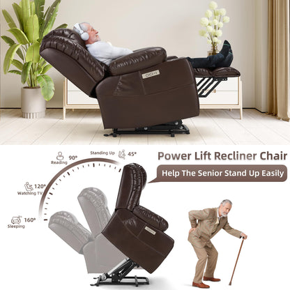 Outspurge Large Power Lift Recliner Leather Chair Sofa with Massage & Heat, Lazy Boy Chair with Cup Holders, USB & Type-C Ports, Remote Control (Brown)