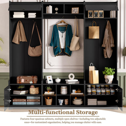Merax Hall Tree with Shoe Storage, 4-in-1 Entryway Bench with Coat Rack & Adjustable Shelf & Top Storage for Hallway, Black