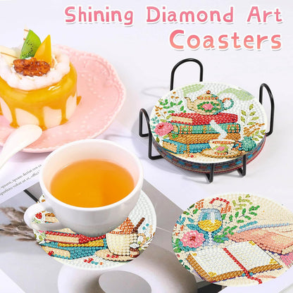 8 PCS Diamond Art Coasters Kits Book Diamond Painting Coaster Kits Diamond Coasters with Holder Cork Pads Gem Art Dots Paintings Crafts Supplies for Adults Beginners