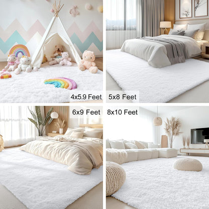 OLANLY 6x6 Area Rug - Soft Fluffy Shaggy Design for Living Room & Bedroom | Machine Washable White Carpet